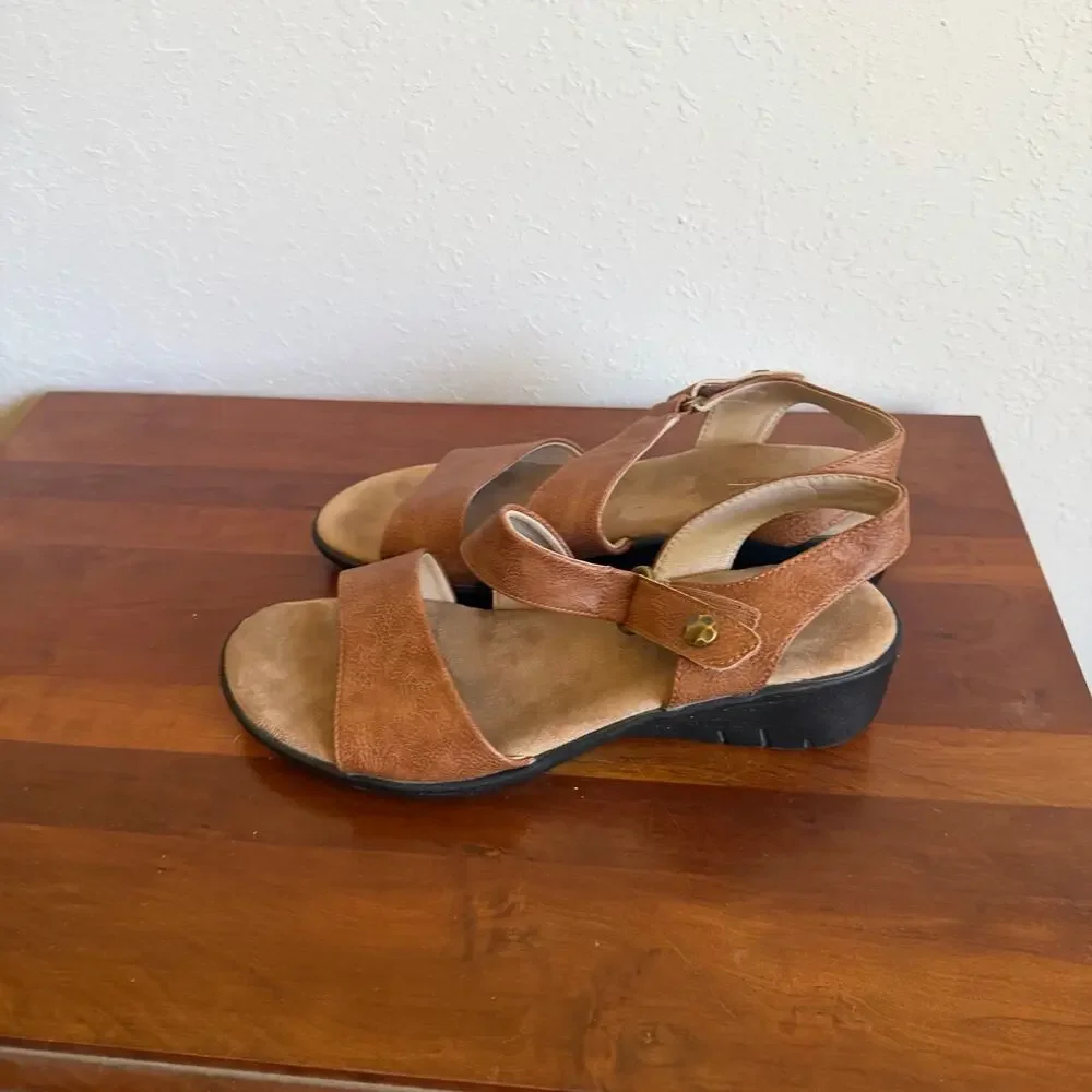 Shibever Brown Leather Low Wedge Heel Strappy Sandal Women 40 Comfortable Dressy